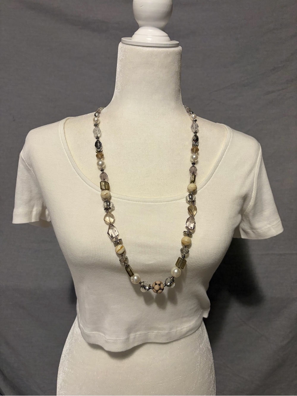 White House Black Market Neutral Beaded Necklace — Cream, Pearl & Gray Accents